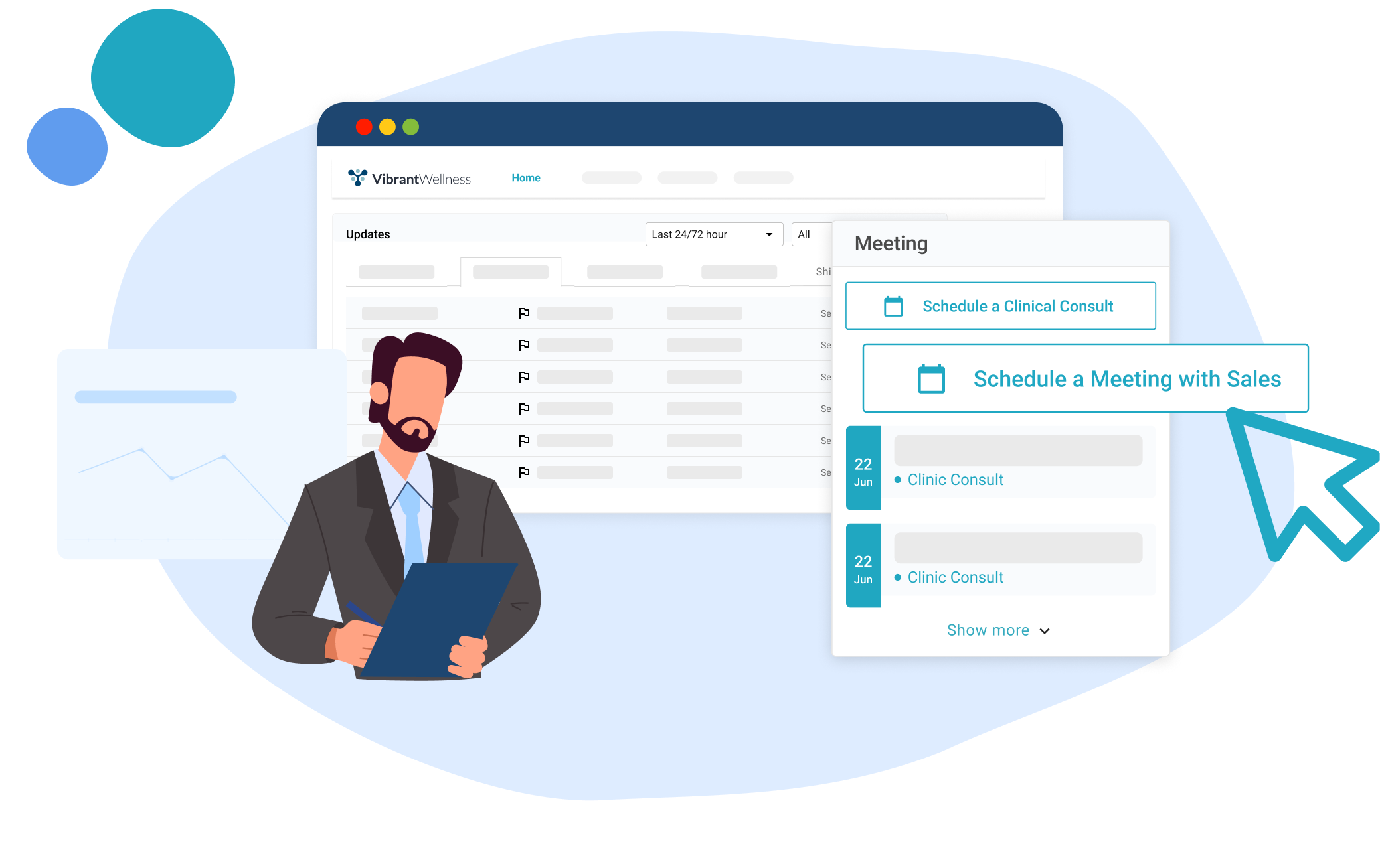 Illustration of a professional in a suit holding a clipboard, next to a dashboard interface labeled 'Vibrant Wellness' showing options to schedule a clinical consult or a meeting with sales, with a blue cursor icon pointing to 'Schedule a Meeting with Sales.