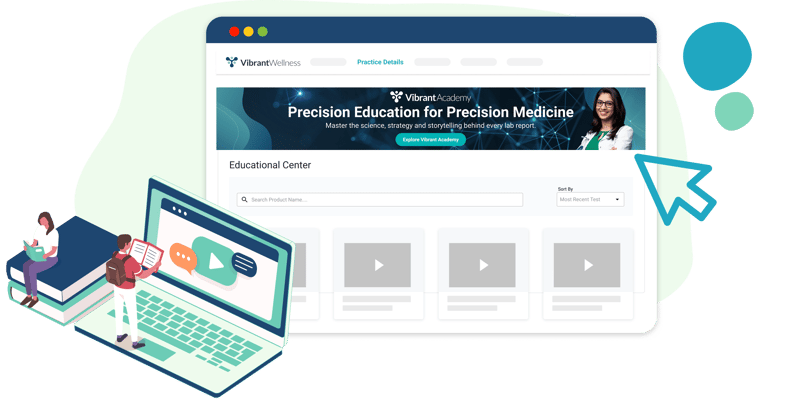 Illustration of the Vibrant Wellness Educational Center interface featuring a banner that reads ‘Precision Education for Precision Medicine’ with a button to explore Vibrant Academy. The screen shows a course library interface, while illustrated students engage with digital content on a laptop and books. 