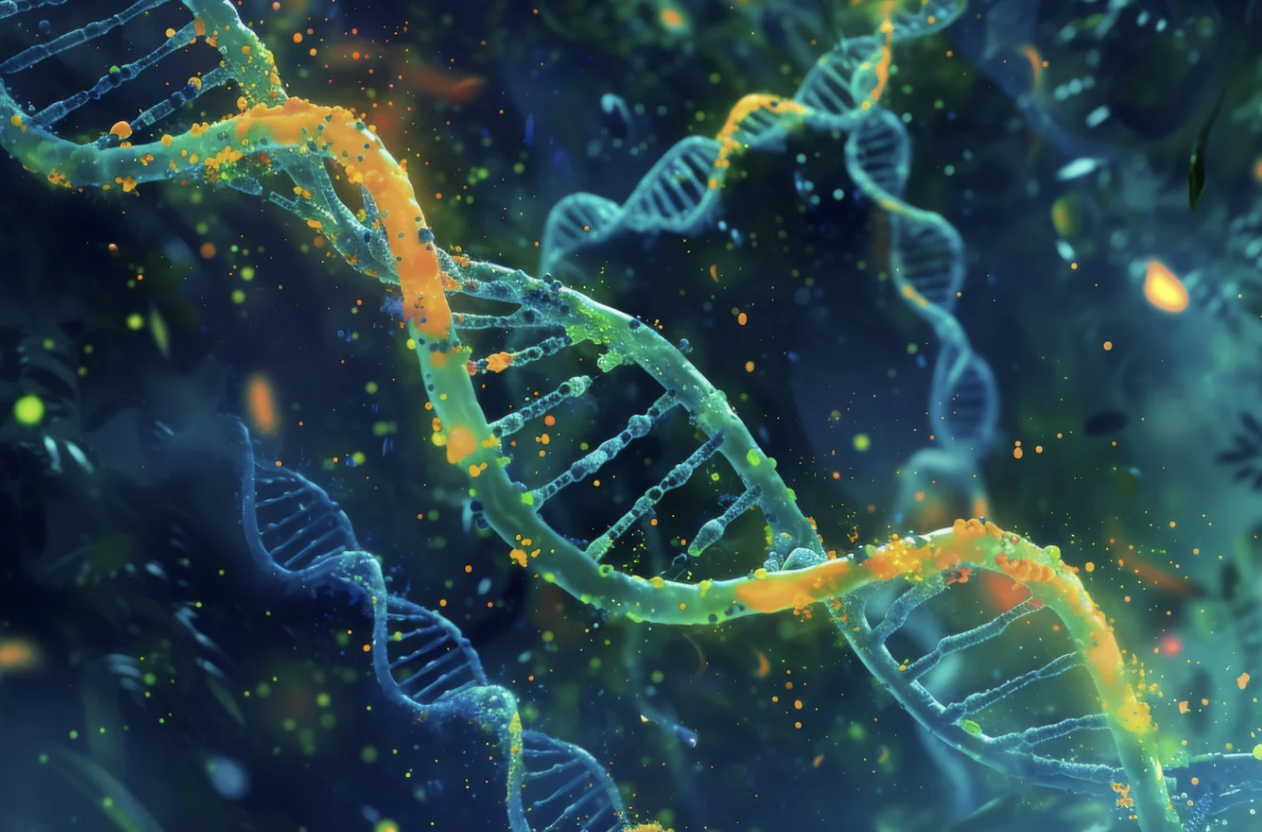 DNA strands with molecular activity, representing genetic and epigenetic influences on autoimmune risk during perimenopause.