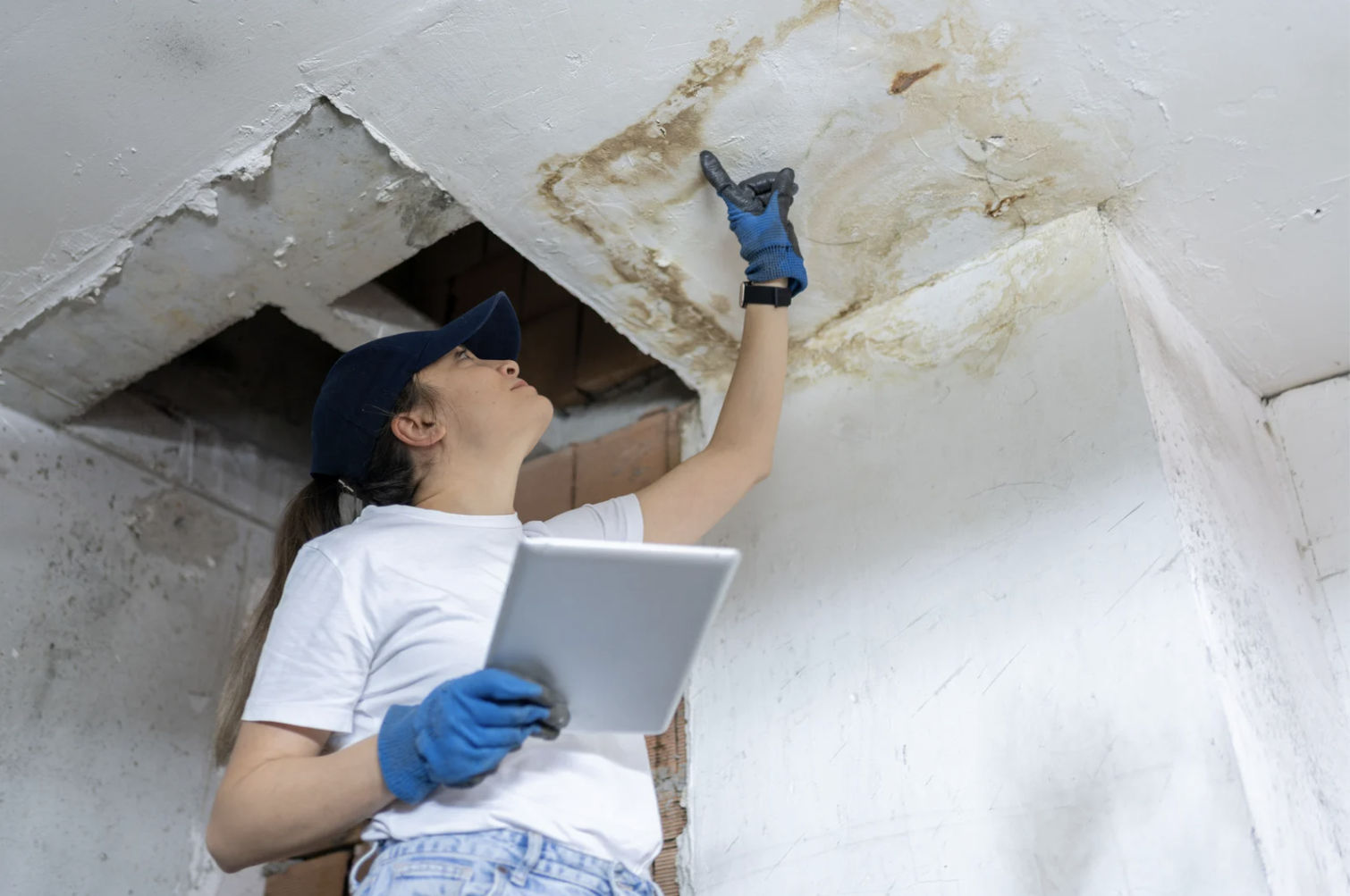 Woman wearing gloves and a cap inspects a water-stained, mold-damaged ceiling while holding a tablet.