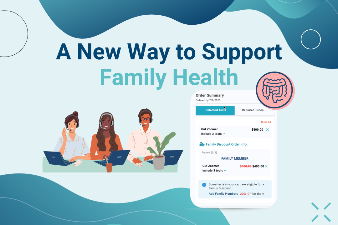Illustration of three people at laptops beneath the headline ‘A New Way to Support Family Health.’ Beside them is a mock order summary showing a Gut Zoomer test and a 20% family discount applied for additional kits.