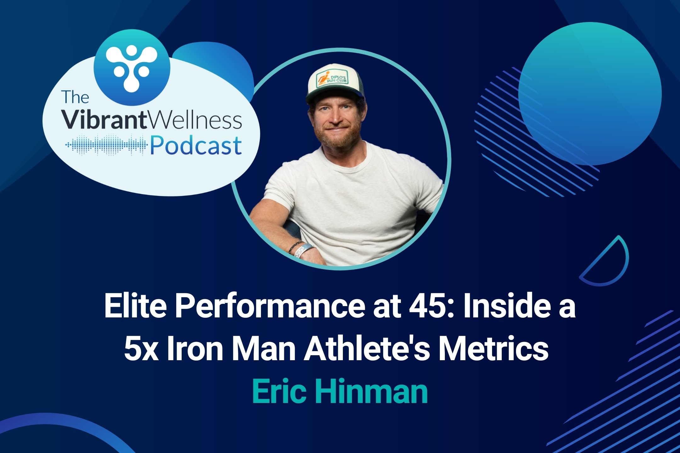 The Vibrant Wellness Podcast episode titled “Elite Performance at 45: Inside a 5x Iron Man Athlete’s Metrics” featuring Eric Hinman, shown on a dark blue background with abstract circular graphics and a portrait of a man wearing a light t-shirt and baseball cap.