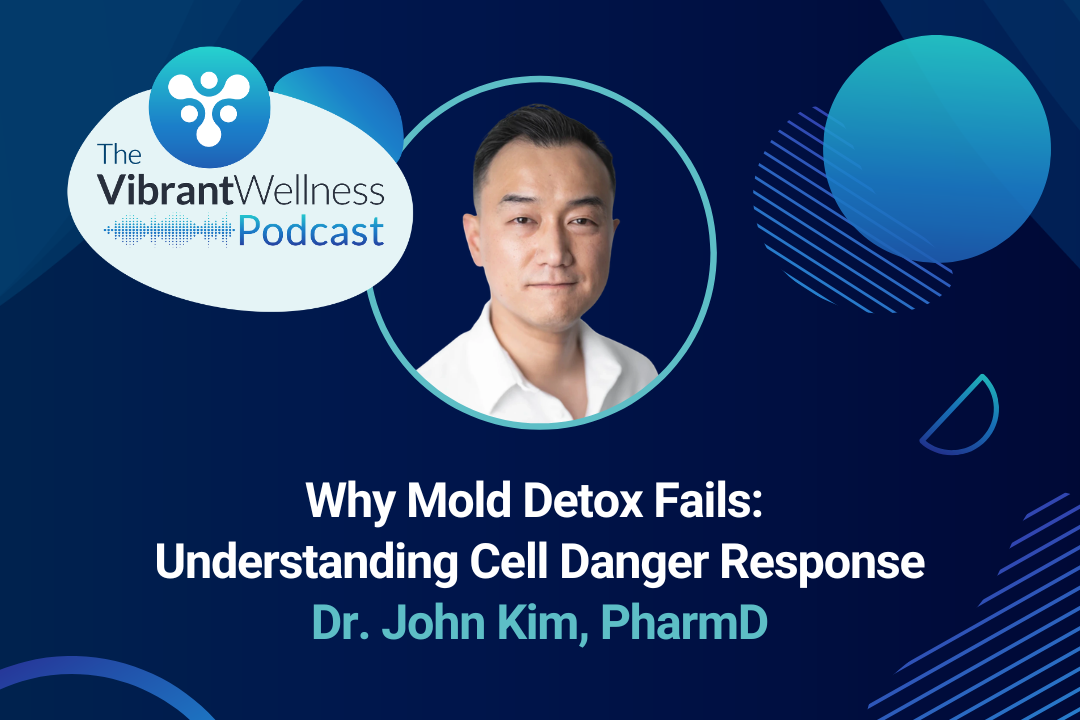 The Vibrant Wellness Podcast episode titled “Why Mold Detox Fails: Understanding Cell Danger Response” featuring Dr. John Kim, PharmD, with a portrait of Dr. Kim on a dark blue background with abstract circular graphics.