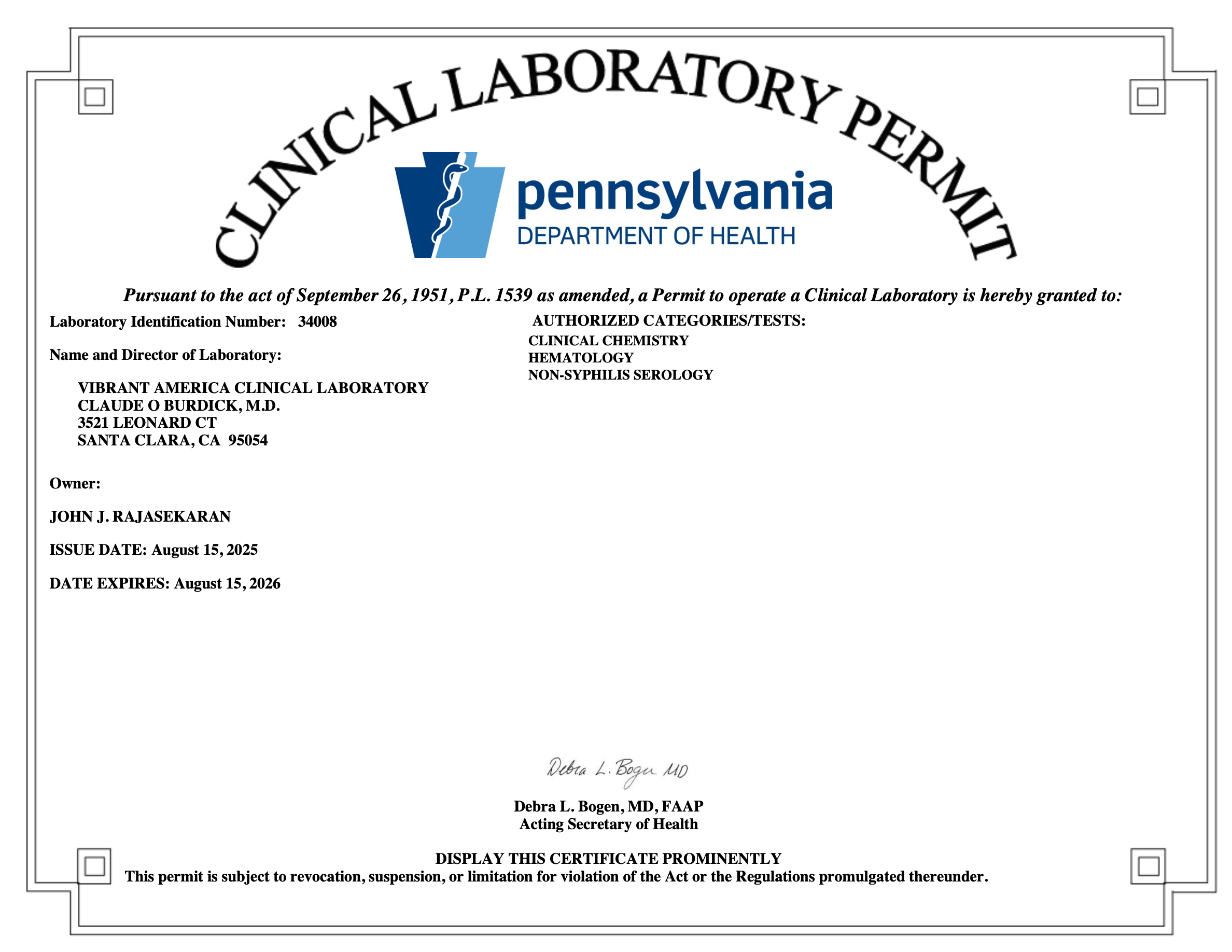 Pennsylvania Department of Health Certificate