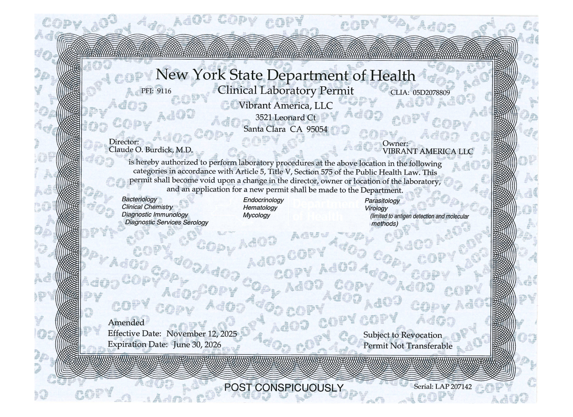 Vibrant America- New York State Department of Health Certificate
