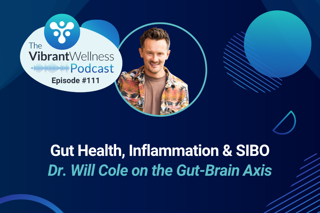Podcast episode #111 titled Gut Health, Inflammation & SIBO: Dr. Will Cole on the Gut-Brain Axis, with a headshot of the guest on a dark blue background with abstract shapes.